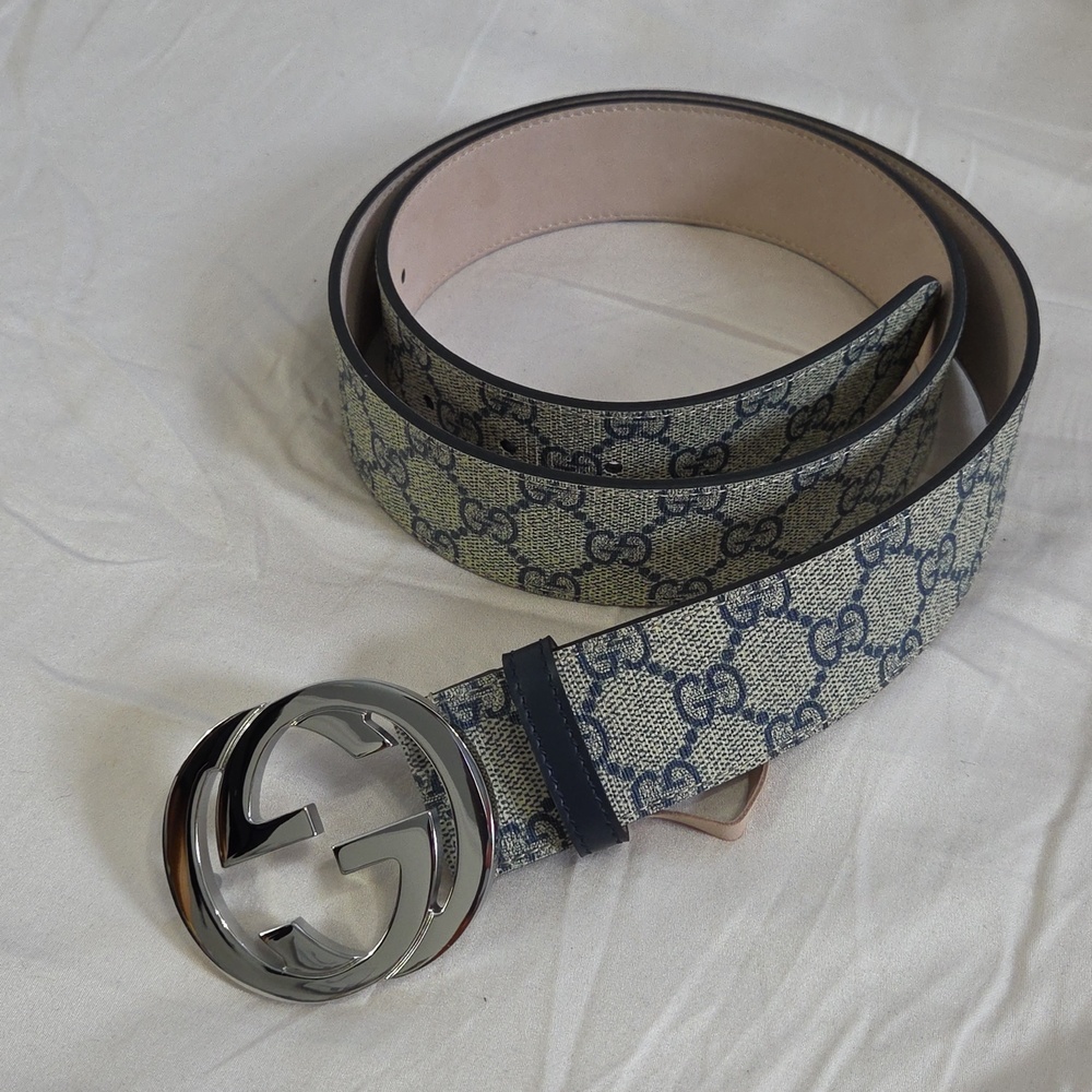 Gucci Blue Beige Monogram Belt with Silver Double G Buckle - Picture 16 of 16